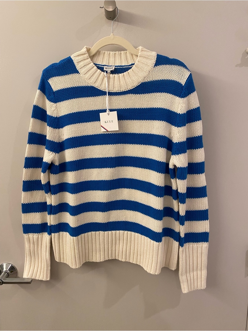 KULE Tatum Cotton Blue and Cream Wide-Striped Crewneck Sweater